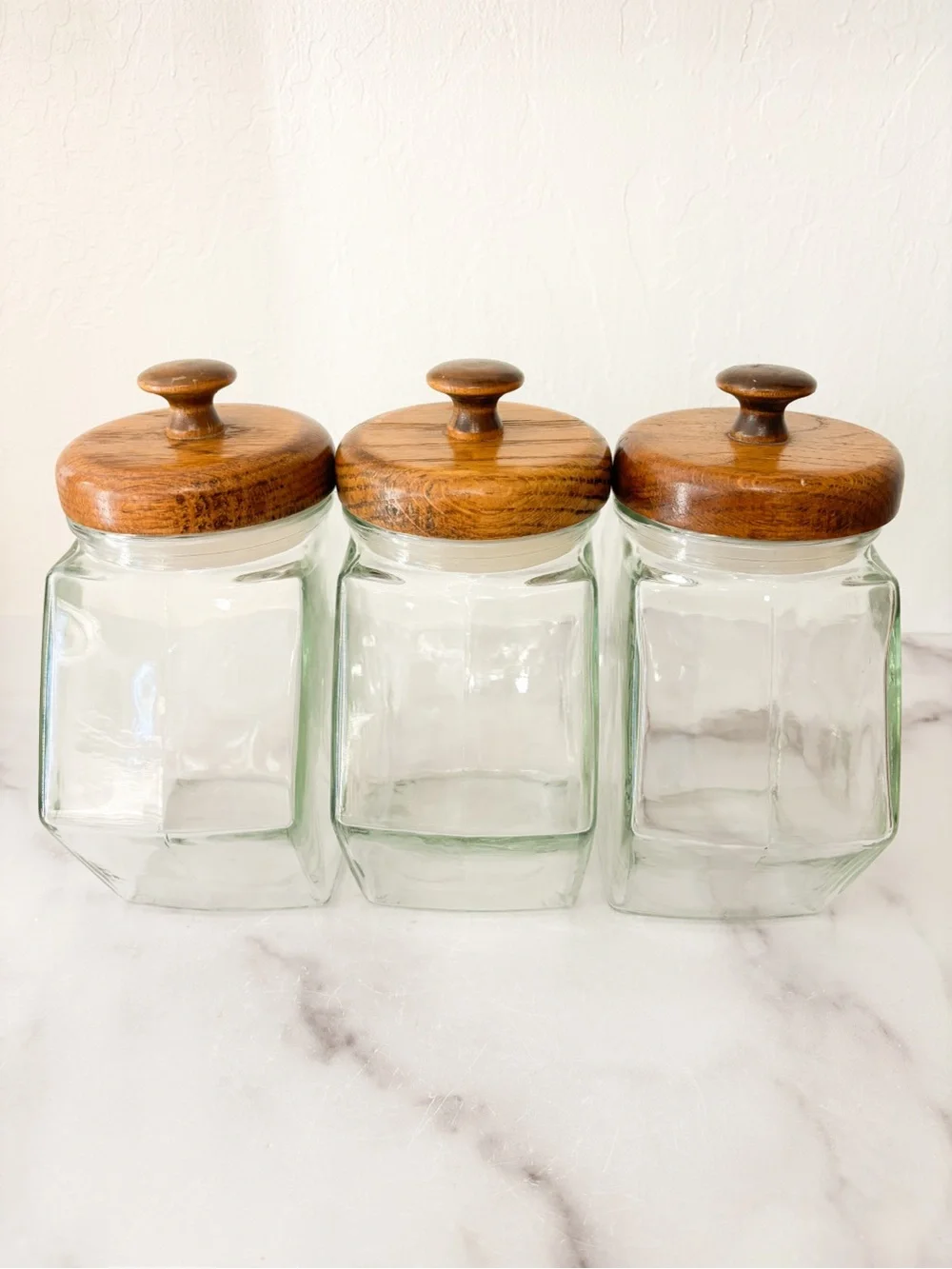 Vintage MCM Glass Hexagon Pantry Candy/Storage Jars with Wood Lids Set of 3